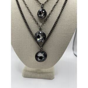Vintage signed Necklace Gunmetal Gray Layered Chain Faceted Smoke Beads (Cg)